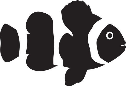 Simple black and white vector illustration of a clownfish swimming in the ocean
