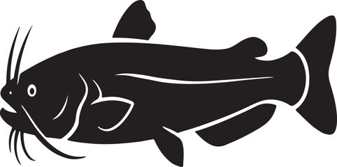 Detailed black and white illustration of a catfish swimming with whiskers and fins
