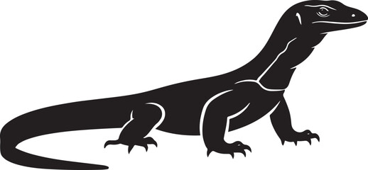 Powerful black and white silhouette of a komodo dragon reptile profile view
