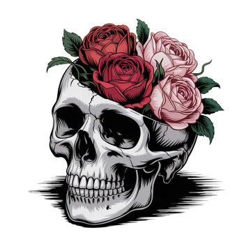 Skull half with roses. Vector illustration of gothic floral skull design, dark tattoo clip art, creepy human skeleton face, floral death symbol, horror flower artwork, Halloween poster concept