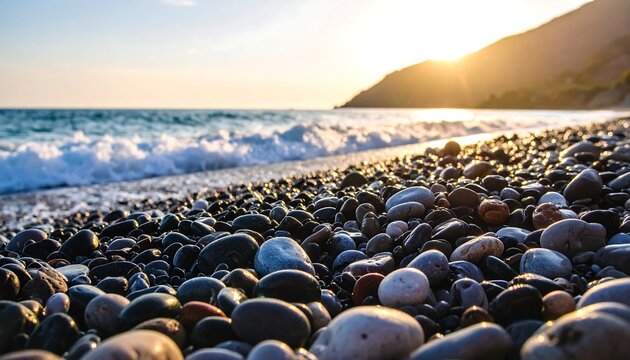 Pebbly beach at sunset.  Ocean waves