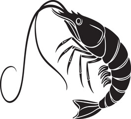 Elegant black and white shrimp illustration depicting a marine animal in simple line art style