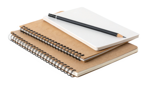 Stock photo of notebooks and pencil for writing notes journaling and school supplies on black background