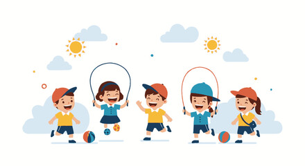 Fototapeta premium Happy School Children Playing Together Having Fun Time Outdoors Illustration