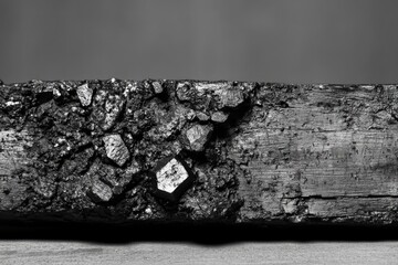 Close-up of anthracite coal featuring crystalline structures and a dark, textured surface against a gray backdrop.