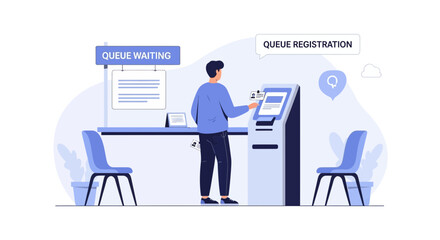 Digital Registration Kiosk With Queue Waiting Concept In Light Blue Color Scheme