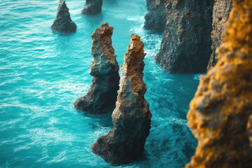 Jagged rock formations rise dramatically from vibrant turquoise ocean waters, creating a stark contrast and dynamic scene.