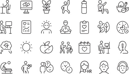 Collection of simple line art icons representing various aspects of health wellness and work life balance including exercise nutrition and mental well being