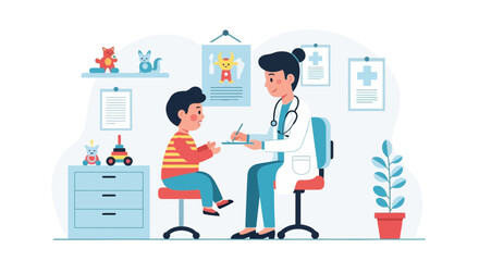 Pediatric Consultation Female Doctor Examining Little Boy Patient In Clinic