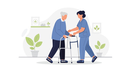 Obraz premium Healthcare Professional Assisting Senior Man With Walker In Home Setting