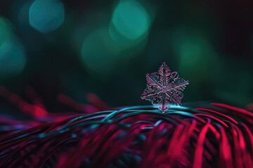 Macro shot of a single, intricate snowflake resting on a pine needle against a colorful bokeh background.