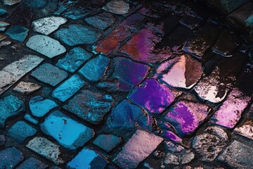 Wet cobblestone street reflects vibrant purple, blue, and orange hues in a textured, abstract view.
