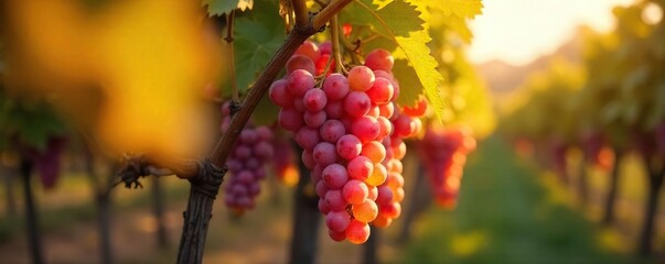 Sunlit Autumn Vineyard Ripe Red Grapes Hanging Heavy on the Vine, Ready for Harvest. A picturesque scene of abundant juicy fruit, perfect for winemaking and autumnal celebrations.