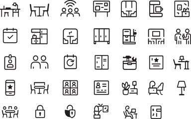 A collection of modern minimalist black line art icons representing office and business elements and activities for digital use