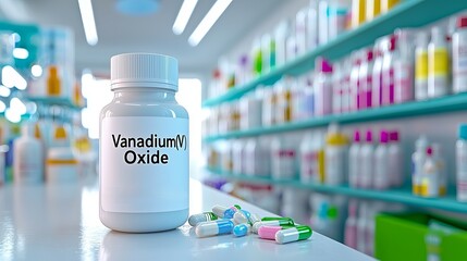 Close-up of a pharmaceutical bottle labeled Vanadium(V) Oxide with colorful capsules scattered around.