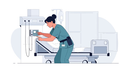 Healthcare Professional Monitoring Equipment In Hospital Room With Modern Design