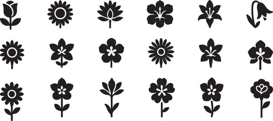 Collection of diverse black floral silhouettes featuring simple botanical illustrations of various flower types and shapes on a white background