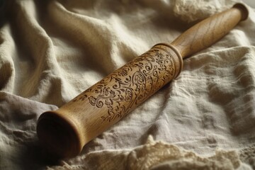 Fototapeta premium An intricate floral design adorns this handcrafted wooden rolling pin on soft neutral fabric, showcasing fine artisanal detail.
