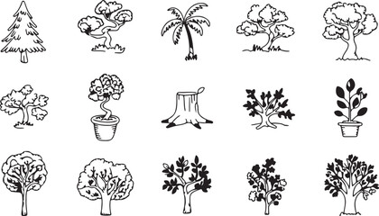 Collection of hand drawn black and white tree illustrations including pine bonsai palm tree stump and potted plant