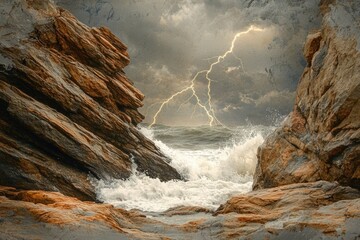 A dramatic scene of crashing waves hitting rocky cliffs under a stormy sky with striking lightning bolts.