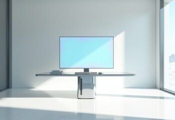 Fototapeta premium Modern Minimalist Workspace Featuring a Sleek Monitor and Glass Desk in a Bright, Open Environment