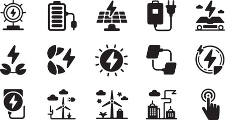 Collection of black and white icons representing renewable energy sources and technologies for a sustainable future