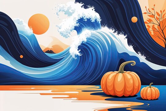 Elegant Midnight Blue and Pumpkin Wave Gradient Illustration Poster Set