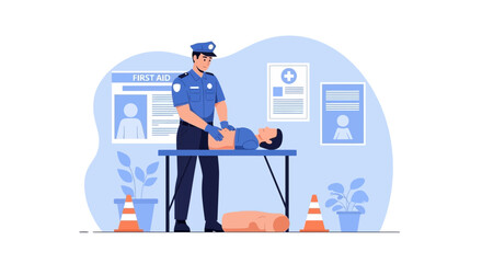 Police Officer Practicing Cardiopulmonary Resuscitation on a Training Manikin in First Aid Class