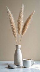 Naklejka premium Serene Natural Still Life with Pampas Grass Coffee and Stone