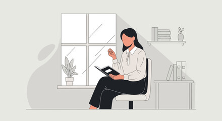 Woman Reading A Book By Window In A Modern Minimalist Home Office