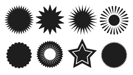 Fototapeta premium Collection of black starburst and circular shapes on white background