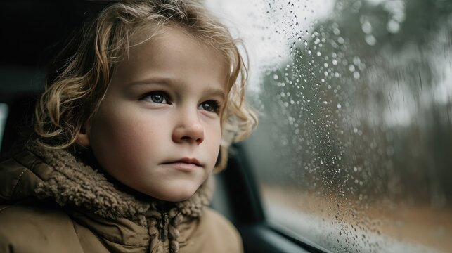 Thoughtful Child Looking Out Rainy Car Window on a Cloudy Day