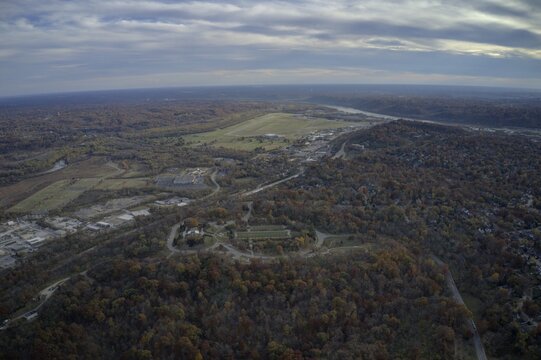 Aerial view of the landscape with the Ohio River winding through the scene, Ault Park Avenue, Cincinnati, Ohio, United States.