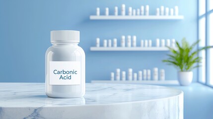 A bottle labeled 'Carbonic Acid' on a marble surface, set against a serene blue backdrop with shelving and plants.