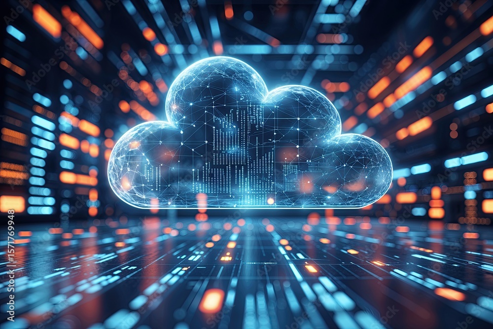 Poster futuristic digital background of cloud data dynamics and visualization techniques