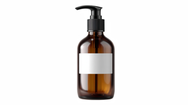 Close up of amber glass bottle with black pump and white label isolated on black background