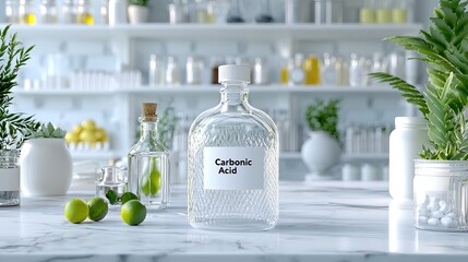 A clear glass bottle labeled 'Carbonic Acid' surrounded by fresh limes and elegant glassware in a bright, modern laboratory setting.