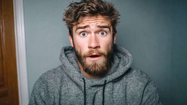 Surprised Young Man in Gray Hoodie Expressing Shock with Wide Eyes and Mouth Open - Powered by Adobe