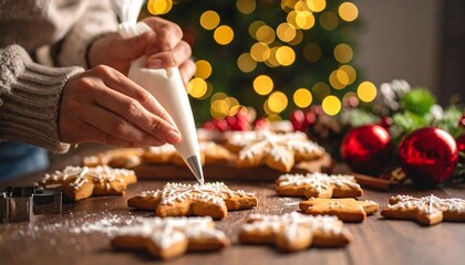 Decorating snowflake cookies with white icing