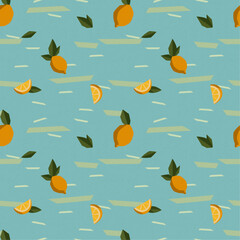 Seamless pattern with lemons, slices and leaves — modern geometric citrus background in retro Mediterranean style