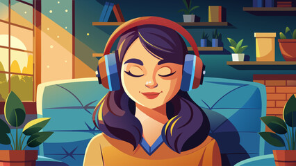 A peaceful young adult female, appearing serene, relaxes with eyes closed, wearing headphones and enjoying music or an audiobook on a sofa