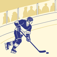 Obraz premium Ice hockey player skating with puck on rink during game 