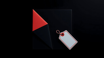 A sleek black and red gift box with a blank tag sits against a dark background, ready for a special occasion