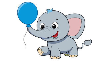 Fototapeta premium Cute cartoon baby elephant holding a blue balloon with a happy expression