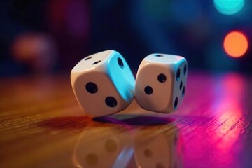 Rolling Dice Motion Blur Close-up of Six-Sided Dice on Wooden Table, Evoking Chance, Luck, and Gambling