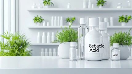 A clean and modern display of skincare ingredients featuring sebacic acid in white bottles, surrounded by lush greenery.