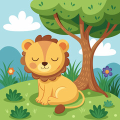 Fototapeta premium Cute cartoon lion resting peacefully under a large tree in a sunny meadow