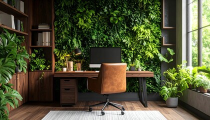 Elegant Office with Live Plant Wall and Leather Chair. Interior Design Mockup