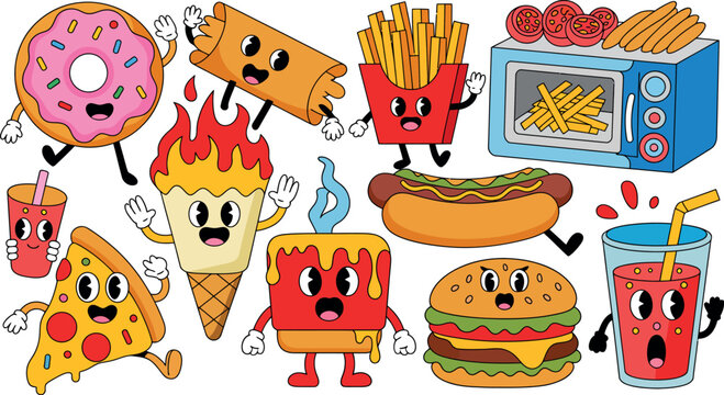 Cartoon illustration of anthropomorphic fast food items with exaggerated features and expressions


