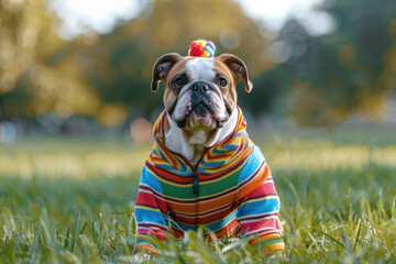 Dog sitting on grass wearing a striped sweater, enjoying the outdoors on a bright sunny day